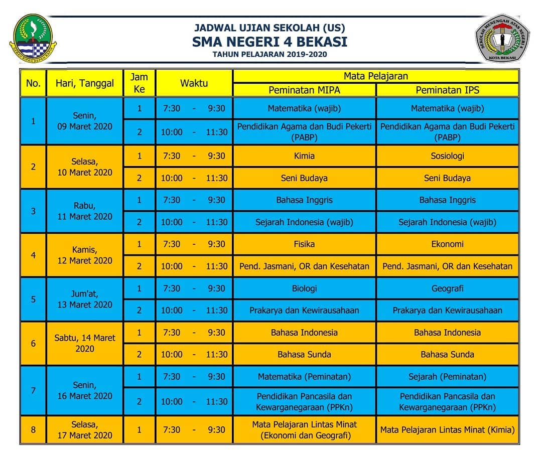 Jadwal dan Tata Tertib Peserta Ujian Sekolah Kelas XII MIPA dan IPS Tahun Pelajaran 2019-2020.