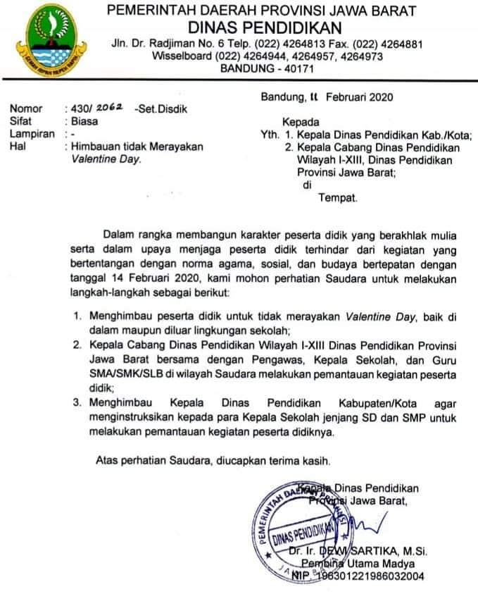 Surat Edaran dari Ibu Dewi Sartika Kepala Dinas Pendidikan Pemerintah Provinsi Jawa Barat