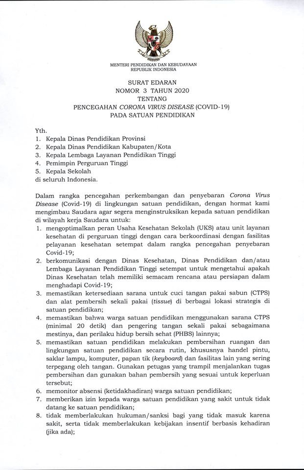 Surat Edaran Pencegahan COVID-19 KEMENDIKBUD RI