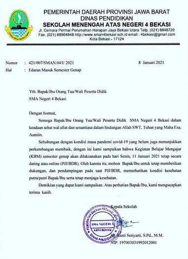 Surat Edaran tentang Kegiatan Belajar Mengajar Semester Genap Tahun Pelajaran 2020/2021